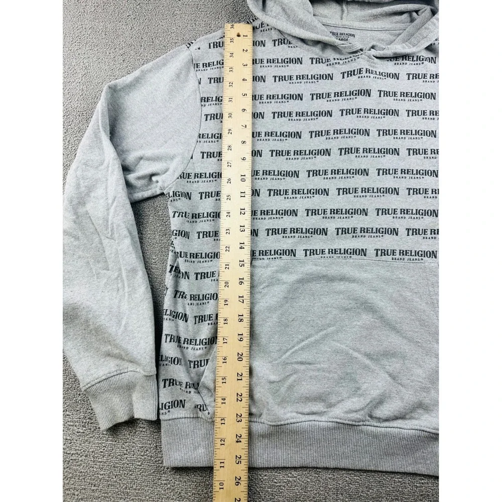 True Religion Hoodie Men L Gray Heather Pullover Sweatshirt All Over Print Urban